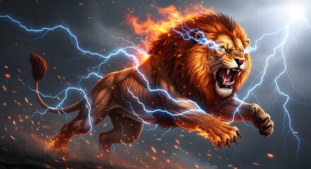 Ultra-Realistic Fantasy Lion Leaping in Fiery Attack Pose with Blue Lightning and Cinematic Lighting