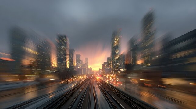 Blurry cityscape at sunset with golden sky soft bokeh lights and urban silhouettes dreamy evening skyline atmospheric background for web banners posters wallpapers social media and travel visuals