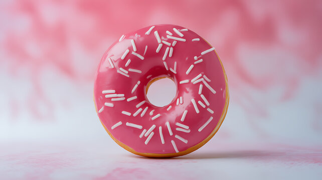 A pink frosted donut with white sprinkles on a soft pink background