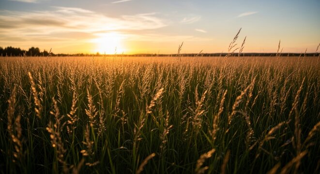 Golden wheat field at sunset, serene and peaceful. - Powered by Adobe