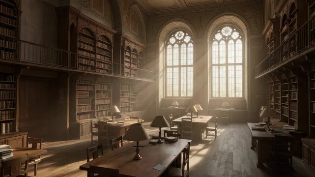 Historical library interior with sunlight streaming through arched windows