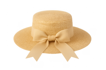 Straw boater hat with ribbon bow, transparent background