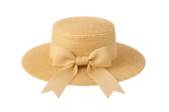Straw boater hat with ribbon bow, transparent background