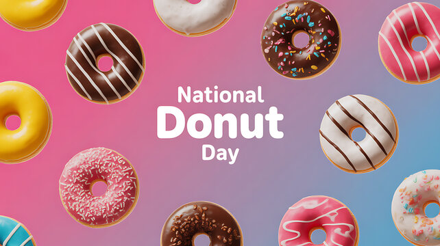 National Donut Day celebration with colorful assorted donuts on a gradient background