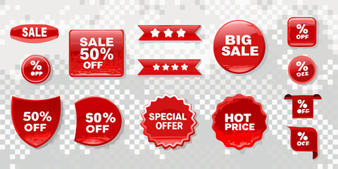 Collection of red sale and discount tags and labels with various shapes and text for retail promotions
