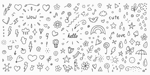 Collection of hand drawn doodle elements including hearts stars flowers clouds rainbows and words like wow and hello