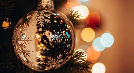 Close up of silver christmas ornament with glitter snowflakes and warm bokeh isolated on transparent background, isolated on white background, Vector, illustration