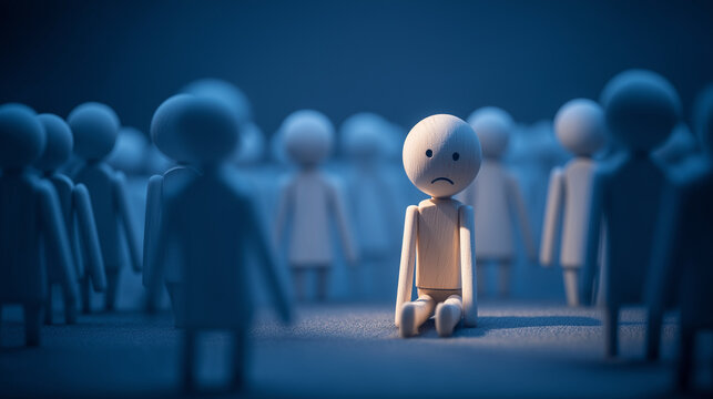 Lonely wooden puppet sitting apart from crowd under blue moody light, reflecting mental health awareness, emotional isolation, and rejection. 
