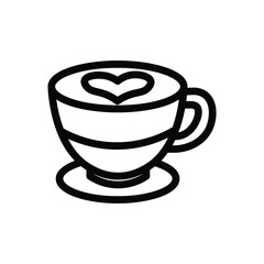 Coffee cup with saucer line icon, outline illustration of hot beverage with foam or latte art, representing cafe drink, espresso, cappuccino, or breakfast coffee concept