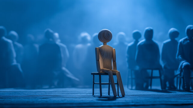 Lonely wooden puppet sitting apart from crowd under blue moody light, reflecting mental health awareness, emotional isolation, and rejection. 