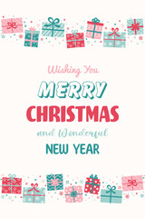 Colourful Christmas poster in cartoon style. Greeting card decorated with cute hand drawn presents. Vector illustration