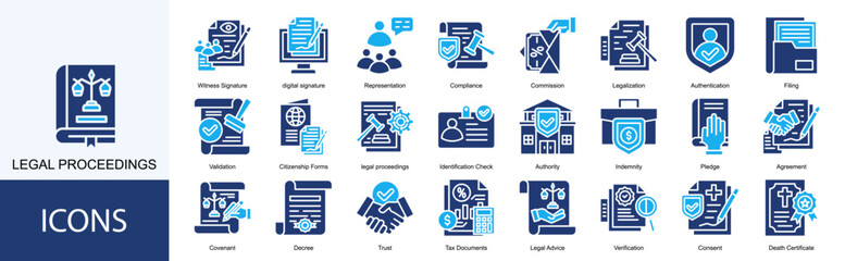 legal proceedings icon collection set. Containing Witness Signature, digital signature, Representation, Compliance, Commission icon