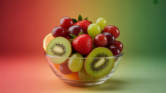 A glass bowl filled with fresh fruits including kiwi, strawberries, grapes, and orange slices against a gradient background. - Powered by Adobe