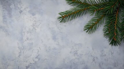 Minimal Christmas background with fir tree branches and pine cones on white textured wall, festive holiday design perfect for greeting cards, winter celebration templates, and seasonal marketing banne