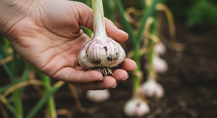 Close up of hand holding freshly harvested garlic bulb in garden setting