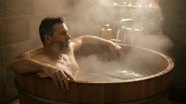 Man relaxing in wooden bathtub with steam