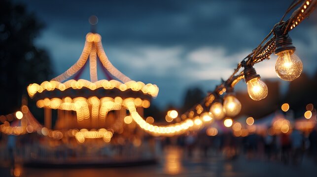 Enchanting vintage carnival lights at twilight dreamy bokeh retro circus warmly lit carousel and fairy lights nostalgic glow blurred background with copy space for posters cards and web banners