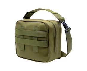 Durable tactical olive green messenger bag for outdoor adventures and travel on transparent background