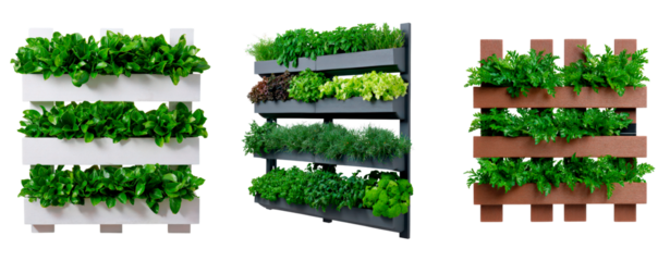 Set of vertical indoor herb garden with fresh greenery and herbs for home decor on transparent background
