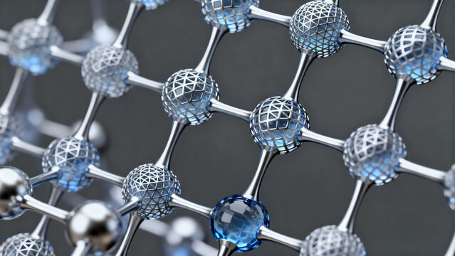Futuristic molecular nanostructure lattice 3D render representing advanced nanotechnology and material science