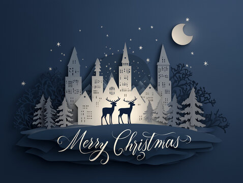 Paper cut winter village scene with reindeer, stars, and calligraphic Merry Christmas text glowing over a midnight blue background. Elegant layered vector holiday design.