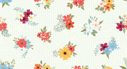 Fototapeta premium A charming seamless pattern featuring various colorful floral bouquets and sprigs on a light pastel green background with a subtle dotted texture.