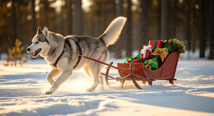 Siberian Husky pulling a sleigh full of Christmas presents in a snowy forest.