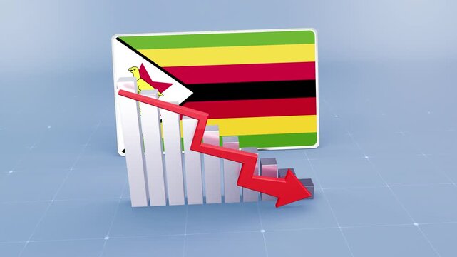 Zimbabwe Flag and Bar Chart Graph Showing Decreasing Values a Red Arrow Economic Crisis Concept