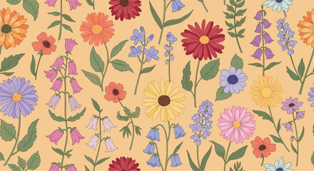 Fototapeta premium Cheerful seamless pattern with diverse, colorful hand-drawn wildflowers and foliage on a soft peach background, ideal for spring and summer designs.