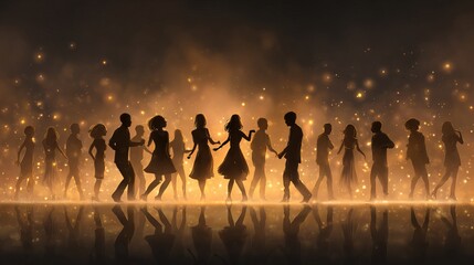 Joyful night party with dancing silhouettes under warm glowing lights festive crowd celebration energy vibrant dance floor bokeh ambiance modern nightlife event people having fun together