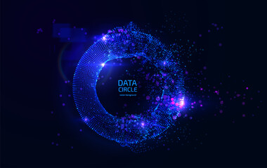 Glowing circular portal frame of shining data particles in space. Abstract concept represents data gateway, blockchain network, AI connection point, futuristic tunnel. Perfect for tech presentations