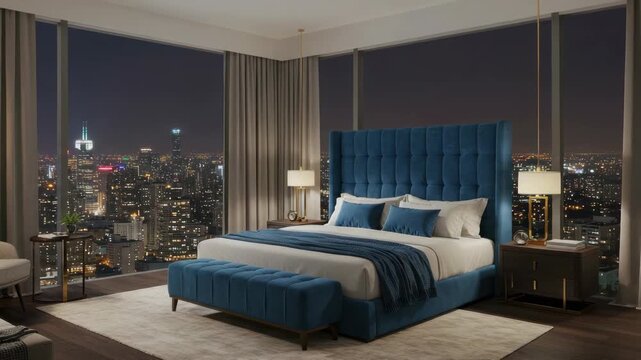 Modern bedroom interior with city skyline view