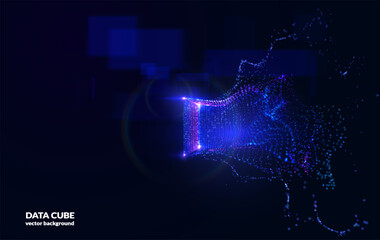Dynamic 3d particle system creating a perfect geometric shape on a deep blue backdrop. Abstract background of data flow, digital universe, and complex connections. Ideal for website 