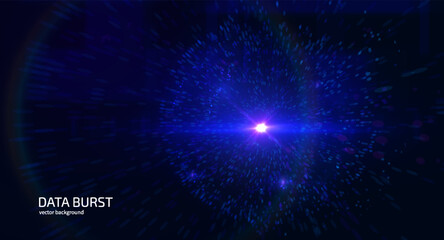 Energetic explosion of data particles and digital information in space. Concept of big data burst, blockchain technology, AI data processing, and network energy. Perfect for tech presentations