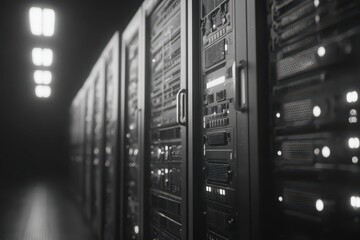 An interior view of a server room filled with rows of server racks, showcasing the complex hardware infrastructure used for data processing and storage in a modern data center.