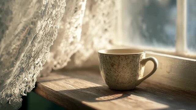 Close-up of ceramic mug on a sunlit windowsill with cozy textures and soft indoor lighting