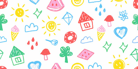 Whimsical hand drawn pattern of summer icons and childhood symbols on white background
