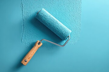 Obraz premium An image shows a paint roller applying fresh blue paint on the wall, with a smooth, even coat, creating a modern and clean look for home renovation or decorating projects.