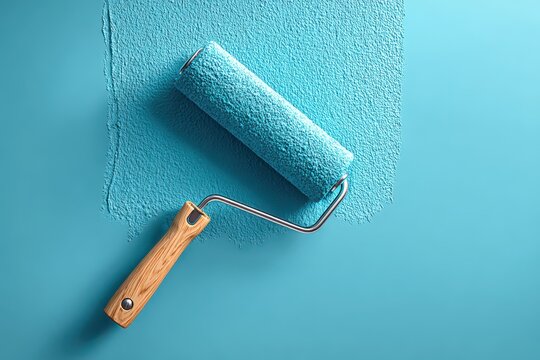 An image shows a paint roller applying fresh blue paint on the wall, with a smooth, even coat, creating a modern and clean look for home renovation or decorating projects. - Powered by Adobe