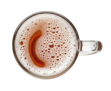 Top view of beer with foam and a worm transparent background cutout png