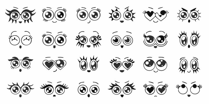 Collection of cute cartoon eyes and mouths expressing various emotions and styles for character design