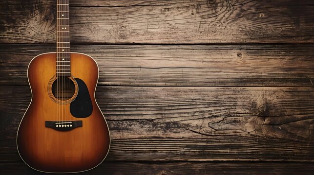 Country music background with acoustic guitar on rustic wooden wall, warm lighting and vintage atmosphere, perfect for music album cover, folk concert poster, recording studio, and western design them - Powered by Adobe