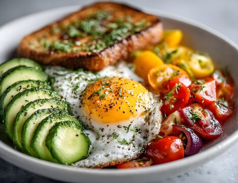 Delicious healthy breakfast with fried egg, sliced avocado, fresh tomatoes, and toast. Vibrant, nutritious, and wholesome morning meal for a great start to the day.