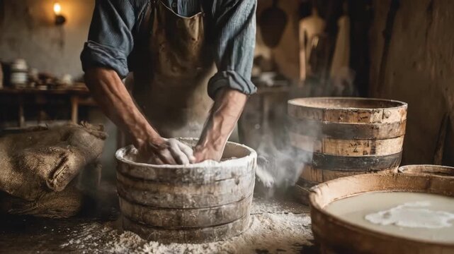 Baker stirring malted rye flour with water and yeast in a rustic kitchen setting capturing the fermenting process