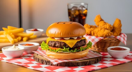 Burger with Crispy Chicken Tenders on Wooden Table, Red and White Checkered Cloth, Warm Lighting Food Photography