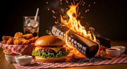 Burger with Crispy Chicken Tenders on Wooden Table, Red and White Checkered Cloth, Warm Lighting Food Photography