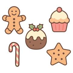 Cute Christmas Cookie and Candy Vector Set Gingerbread Man, Cupcake, Pudding, Candy Cane, Star Cookie