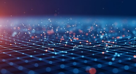 Abstract digital network of glowing blue and red lights connected by lines on a dark background