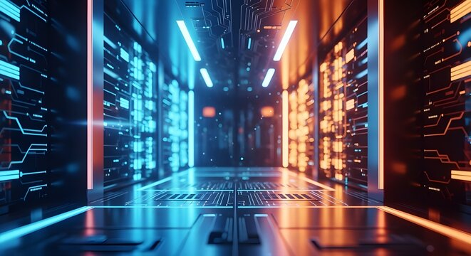 Futuristic digital data center corridor with glowing neon blue and orange lights and reflective floor