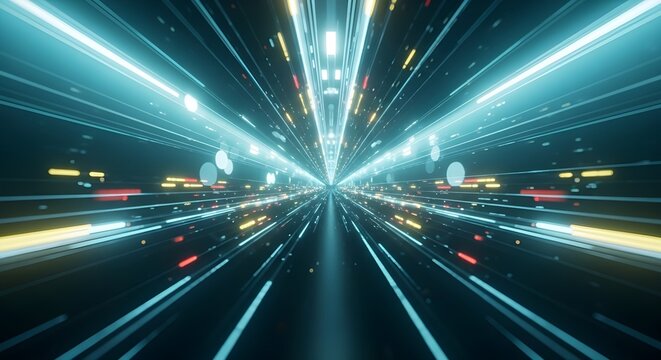 Abstract futuristic neon light tunnel with streaking lights and glowing orbs